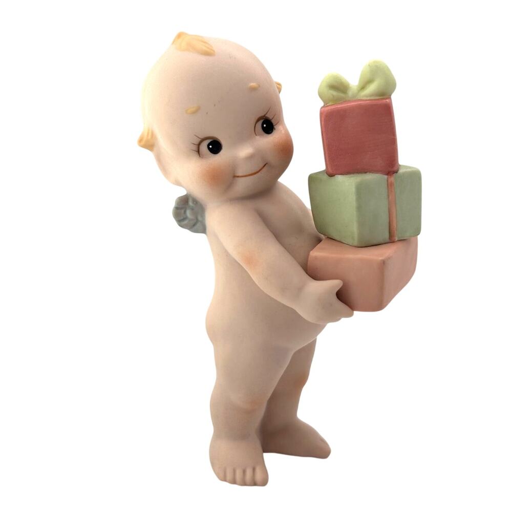 Adorable Vintage 1992 Jesco Rose O'Neill Porcelain Kewpie Doll Holding Gifts